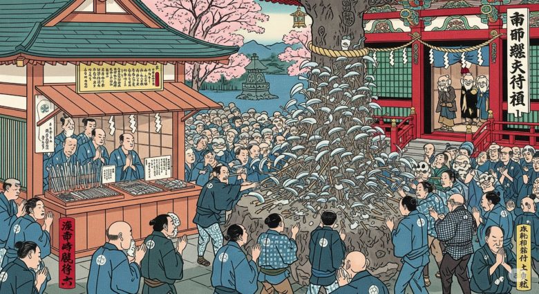 江戸時代の鎌八幡宮の様子イメージ図。鎌を販売しているところ
