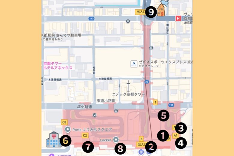京都駅の化石の場所を一覧にしたMAP。